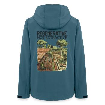 Regenerativ, nicht extraktiv - nachhaltige Landwirtschaft - Frauen Recycelte Softshelljacke von Stanley/Stella - Dunkles Petrol - Hinten - AI Model Female 172 light (172cm)