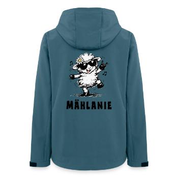 Mählanie – Drôle de jeu de mots sur les moutons - Veste softshell femme recyclée Stanley/Stella - bleu pétrole foncé - Dos - AI Model Female 172 light (172cm)