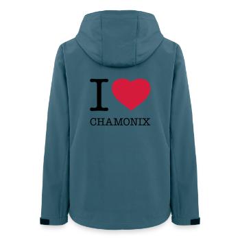 I LOVE CHAMONIX France Frankreich Apres Ski - Frauen Recycelte Softshelljacke von Stanley/Stella - Dunkles Petrol - Hinten - AI Model Female 172 light (172cm)