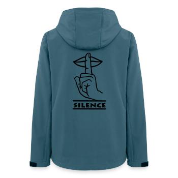 Hand mit Finger Stille Handgeste 'STILLE' - Frauen Recycelte Softshelljacke von Stanley/Stella - Dunkles Petrol - Hinten - AI Model Female 172 light (172cm)