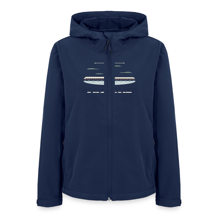 Lucerne badge on a women’s recycled softshell jacket by stanley/stella, navy