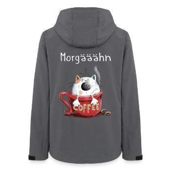 Morgähn Kaffee - Katze - Comic - Frauen Recycelte Softshelljacke von Stanley/Stella - Anthrazit - Hinten - AI Model Female 172 light (172cm)