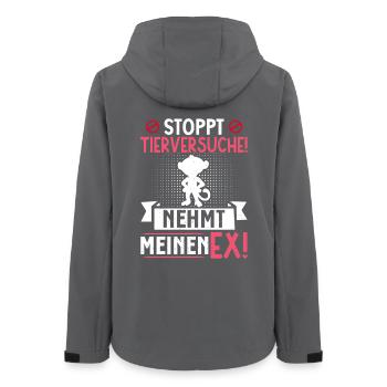 Tierschutz STOPPT TIERVERSUCHE NEHMT MEINEN EX - Frauen Recycelte Softshelljacke von Stanley/Stella - Anthrazit - Hinten - AI Model Female 172 light (172cm)