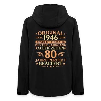 80 Jahre perfekt gealtert Jahrgang 1946 - Frauen Recycelte Softshelljacke von Stanley/Stella - Schwarz - Hinten - AI Model Female 172 light (172cm)