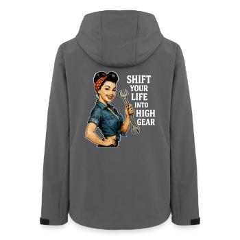 Vintage Werkstatt Pin-up: High Gear Lifestyle - Frauen Recycelte Softshelljacke von Stanley/Stella - Anthrazit - Hinten - AI Model Female 172 light (172cm)