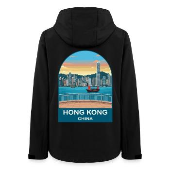 Hong Kong Victoria Harbour Vintage Travel Poster - Women’s Recycled Softshell Jacket by Stanley/Stella - black - Back - AI Model Female 172 light (172cm)