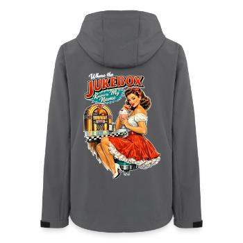 Pin-up des années 50 dans un diner : Là où le jukebox connaît mon nom - Veste softshell femme recyclée Stanley/Stella - charbon - Dos - AI Model Female 172 light (172cm)
