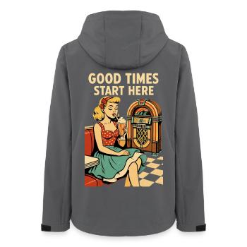 Affiche rétro des années 50 Pin-Up Pin-Up Milkshake de diner - Veste softshell femme recyclée Stanley/Stella - charbon - Dos - AI Model Female 172 light (172cm)
