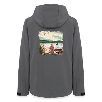 Frau sitzt im Boot am Wasser - Frauen Recycelte Softshelljacke von Stanley/Stella - Anthrazit - Hinten - AI Model Female 172 light (172cm)