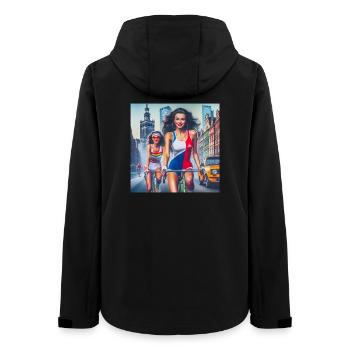 Zwei Mädchen, die im Retro-Warschau-Stil radeln - 80er-Jahre-Stil - Frauen Recycelte Softshelljacke von Stanley/Stella - Schwarz - Hinten - AI Model Female 172 light (172cm)