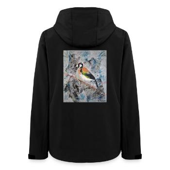 Acrylic painting with Stiglitz on tree branch - Women’s Recycled Softshell Jacket by Stanley/Stella - black - Back - AI Model Female 172 light (172cm)