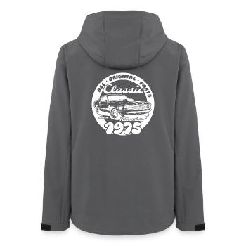 50. Geburtstag - Klassiker Musclecar 11/1975 - Frauen Recycelte Softshelljacke von Stanley/Stella - Anthrazit - Hinten - AI Model Female 172 light (172cm)