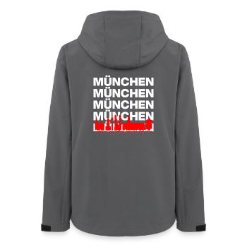 MÜNCHEN SKYLINE, STOLZ AUS BAYERN! MIR SAN MÜNCHEN - Frauen Recycelte Softshelljacke von Stanley/Stella - Anthrazit - Hinten - AI Model Female 172 light (172cm)