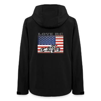 Off-Road Vehicle Design and American Flag - Women’s Recycled Softshell Jacket by Stanley/Stella - black - Back - AI Model Female 172 light (172cm)