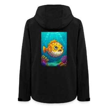 Poisson-globe de style bande dessinée, corps rond et hérissé - Veste softshell femme recyclée Stanley/Stella - noir - Dos - AI Model Female 172 light (172cm)