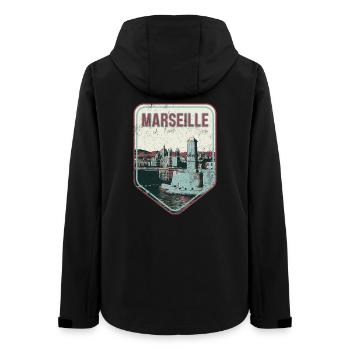 Badge retro, Marseille France est ma ville natale - Veste softshell femme recyclée Stanley/Stella - noir - Dos - AI Model Female 172 light (172cm)