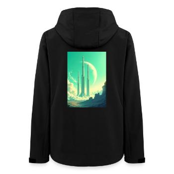 retro futuristic space landscapes 1960s aesthetic - Women’s Recycled Softshell Jacket by Stanley/Stella - black - Back - AI Model Female 172 light (172cm)