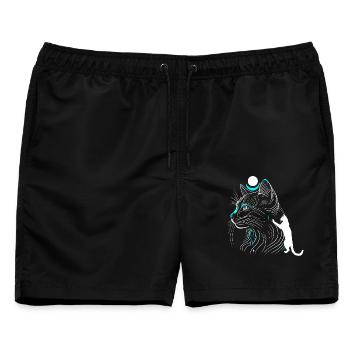 Minimalistische Bastet-Katze im Profil mit Mond - Männer Badeshorts - Schwarz - Vorne - AI Model Male 178 light (178cm)
