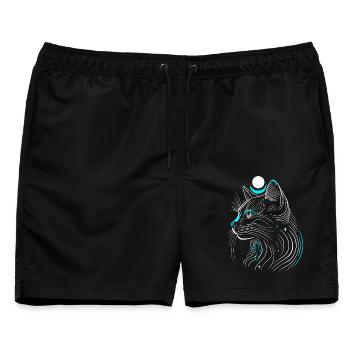 Minimalistische Bastet-Katze im Profil mit Mond - Männer Badeshorts - Schwarz - Vorne - AI Model Male 178 light (178cm)