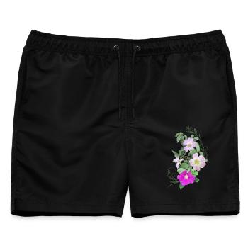 Wildrosenblüten und Ranke, Mixed Media Kunst - Männer Badeshorts - Schwarz - Vorne - AI Model Male 178 light (178cm)