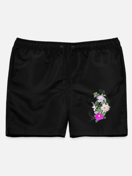 Wildrosenblüten und Ranke, Mixed Media Kunst - Männer Badeshorts - Schwarz