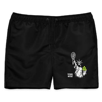 Design der Freiheitsstatue "Dem Tennis vertrauen wir" - Männer Badeshorts - Schwarz - Vorne - AI Model Male 178 light (178cm)