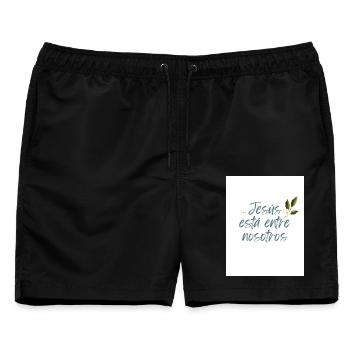 Jesus unter uns mit Blumen und Blättern - Männer Badeshorts - Schwarz - Vorne - AI Model Male 178 light (178cm)