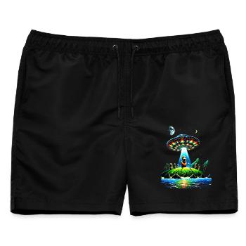 Futuristische Alien-Landschaft mit UFO und Moai - Männer Badeshorts - Schwarz - Vorne - AI Model Male 178 light (178cm)