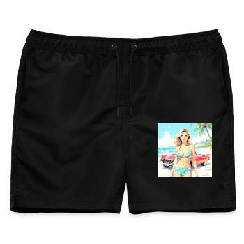 Frau am Strand mit Oldtimer - Männer Badeshorts - Schwarz - Vorne - AI Model Male 178 light (178cm)