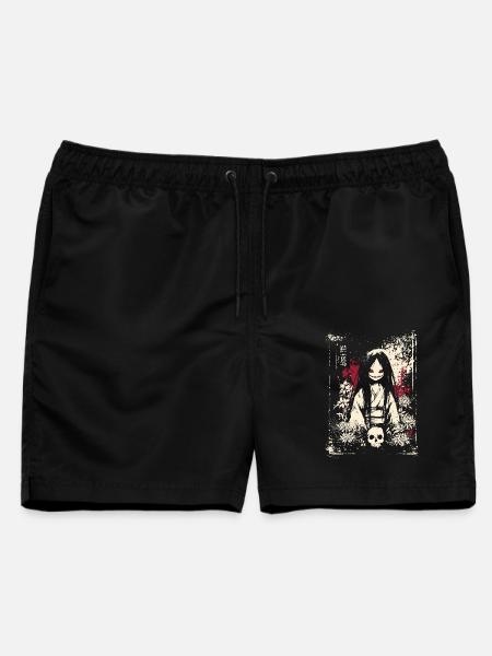 Creepy Manga Girl mit Kimono und Totenkopf - Männer Badeshorts - Schwarz
