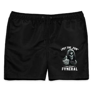 Totenkopf Sensenmann Fun in funeral Spruch Motiv - Männer Badeshorts - Schwarz - Vorne - AI Model Male 178 light (178cm)