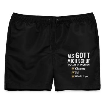 Spruch Als Gott mich schuf wollte er angeben  - Männer Badeshorts - Schwarz - Vorne - AI Model Male 178 light (178cm)