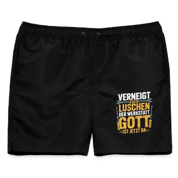 Verneigt euch Luschen der Werkstatt Gott ist da - Männer Badeshorts - Schwarz - Vorne - AI Model Male 178 light (178cm)