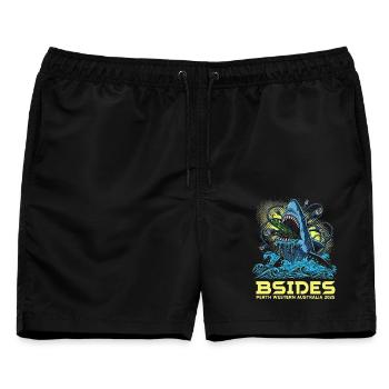 Shark Beat BSIDES Perth 2025 - Männer Badeshorts - Schwarz - Vorne - AI Model Male 178 light (178cm)