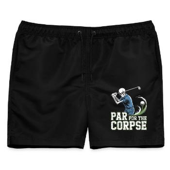 Schwarzer Humor Golf Shirt – Skelett beim Abschlag - Männer Badeshorts - Schwarz - Vorne - AI Model Male 178 light (178cm)