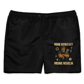 Meine Werkstatt – Meine Regeln Mechaniker Shirt - Männer Badeshorts - Schwarz - Vorne - AI Model Male 178 light (178cm)