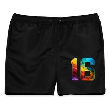NR. 16 NUMMER 16 COLLEGE 16. GEBURTSTAG - Männer Badeshorts - Schwarz - Vorne - AI Model Male 178 light (178cm)