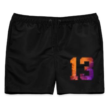 NR. 13 NUMMER 13 COLLEGE 13. GEBURTSTAG - Männer Badeshorts - Schwarz - Vorne - AI Model Male 178 light (178cm)