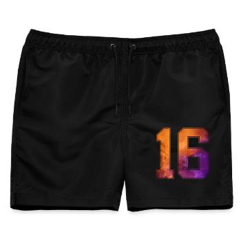 NR. 16 NUMMER 16 COLLEGE 16. GEBURTSTAG - Männer Badeshorts - Schwarz - Vorne - AI Model Male 178 light (178cm)