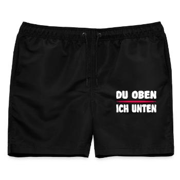 Lustiges Flirtshirt – Du oben ich unten Spruch - Männer Badeshorts - Schwarz - Vorne - AI Model Male 178 light (178cm)