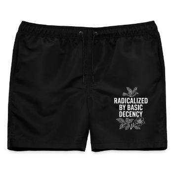 Radicalized by Basic Decency Statement Shirt  - Männer Badeshorts - Schwarz - Vorne - AI Model Male 178 light (178cm)