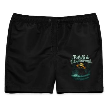 Paws & Paranormal: Schwarze Katze surft mit Geiste - Männer Badeshorts - Schwarz - Vorne - AI Model Male 178 light (178cm)