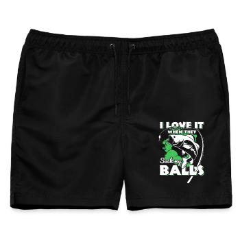 Angelwortspiel: Ich liebe es, wenn sie mir die Eier lutschen - Männer Badeshorts - Schwarz - Vorne - AI Model Male 178 light (178cm)