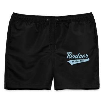 Rentner – Ik Bün Rut! (Plattdeutsch / Skyblue) - Männer Badeshorts - Schwarz - Vorne - AI Model Male 178 light (178cm)