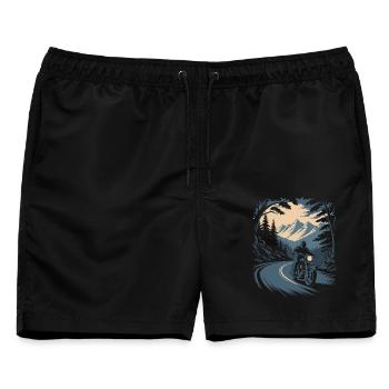 Biker Shirt mit Motorrad – Wald und Berge - Männer Badeshorts - Schwarz - Vorne - AI Model Male 178 light (178cm)