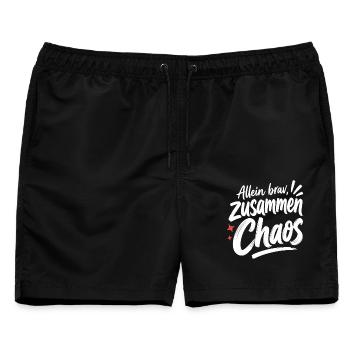 Allein brav, zusammen Chaos – Liebe & Freunde - Männer Badeshorts - Schwarz - Vorne - AI Model Male 178 light (178cm)