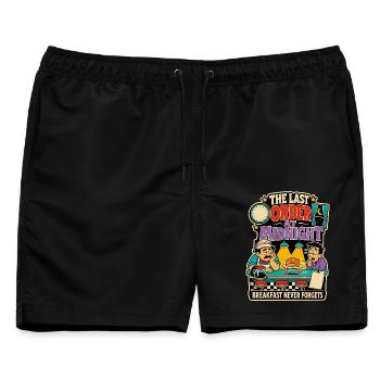 Letzte Bestellung um Mitternacht – Diner Humor - Männer Badeshorts - Schwarz - Vorne - AI Model Male 178 light (178cm)