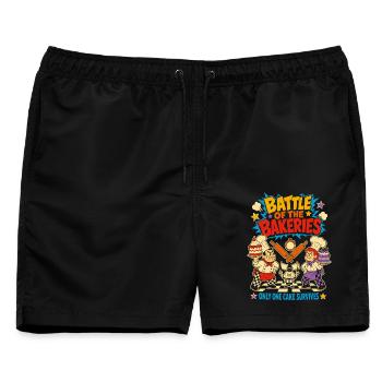 Battle of the Bakeries – Tortenschlacht - Männer Badeshorts - Schwarz - Vorne - AI Model Male 178 light (178cm)
