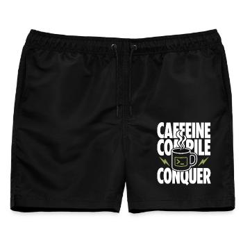 Caffeine Compile Conquer – Entwickler Kaffee Humor - Männer Badeshorts - Schwarz - Vorne - AI Model Male 178 light (178cm)