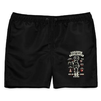 65 Jahre | Garantie abgelaufen | lustiger Cartoon - Männer Badeshorts - Schwarz - Vorne - AI Model Male 178 light (178cm)